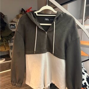 Zara Olive and Beige Zip-Up Hoodie